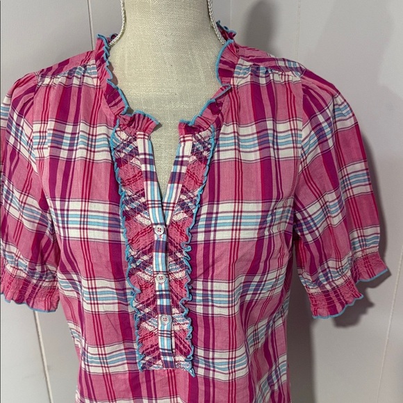 Talbots Pink Plaid Ruffle Blouse - Picture 2 of 5